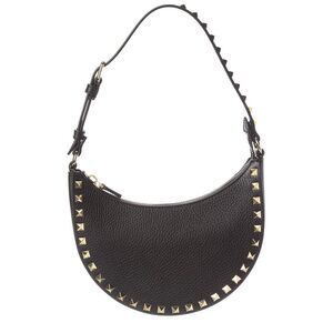Valentino Rockstud Mini Grainy Leather Hobo Bag, Black